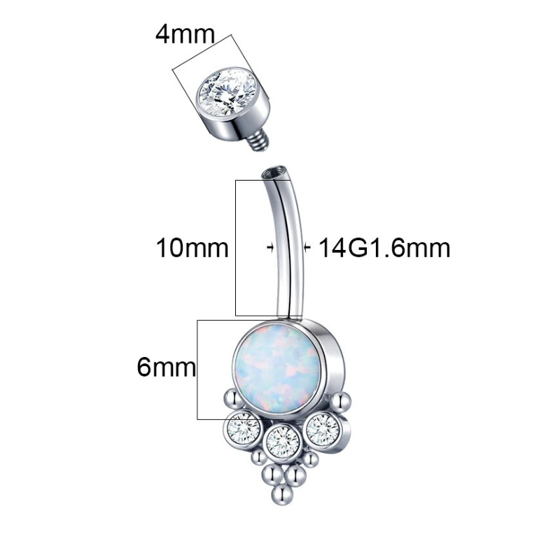 Navel sieraad van titanium, zirkonen en opaal voor een unieke glans.