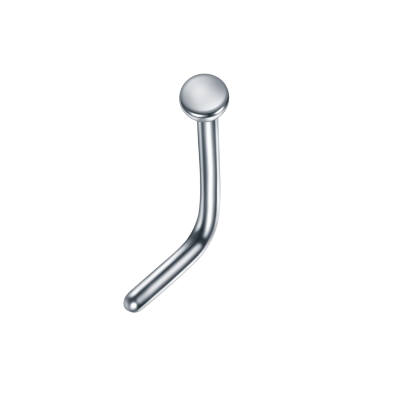 Neuspiercing met L-vormige titanium staaf, eenvoud en elegantie.