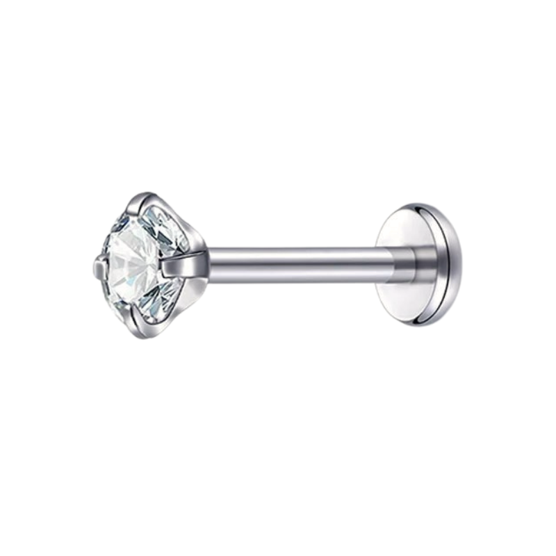 Oorpiercing labret in titanium met zirkonia, verfijning en schittering.