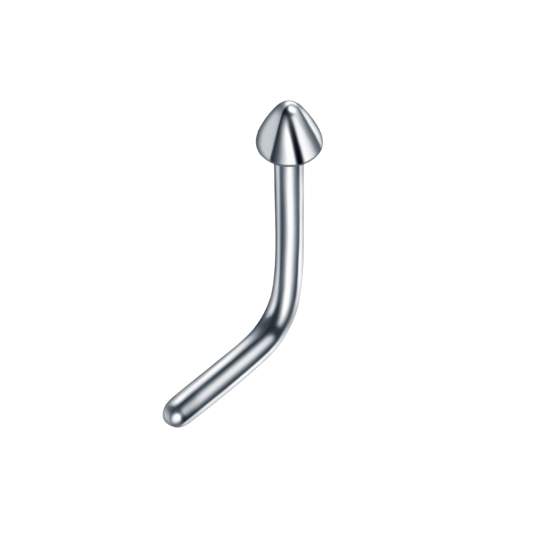 Neuspiercing met L-vormige titanium staafje en spike, durf en stijl.