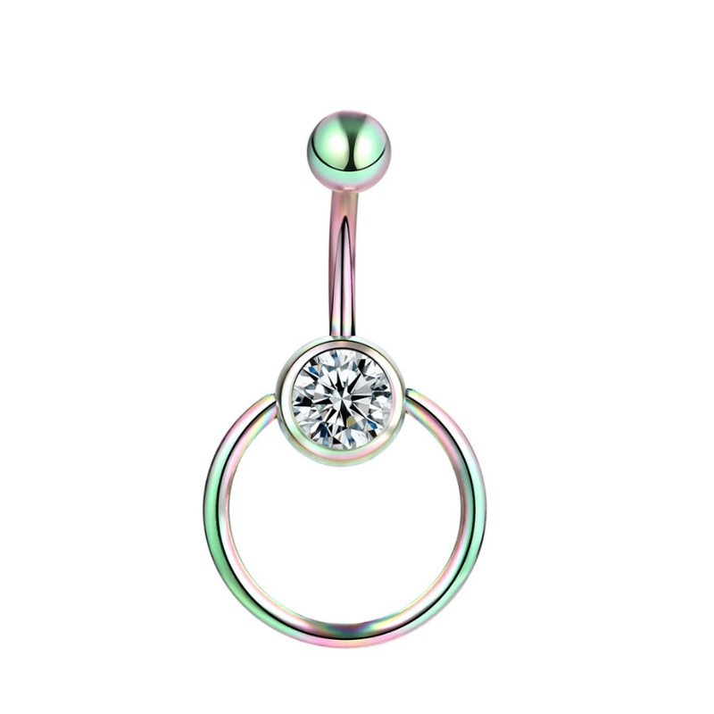 Navelpiercing accessoire van chirurgisch staal, ring en zirkonia voor een onderscheidende look.