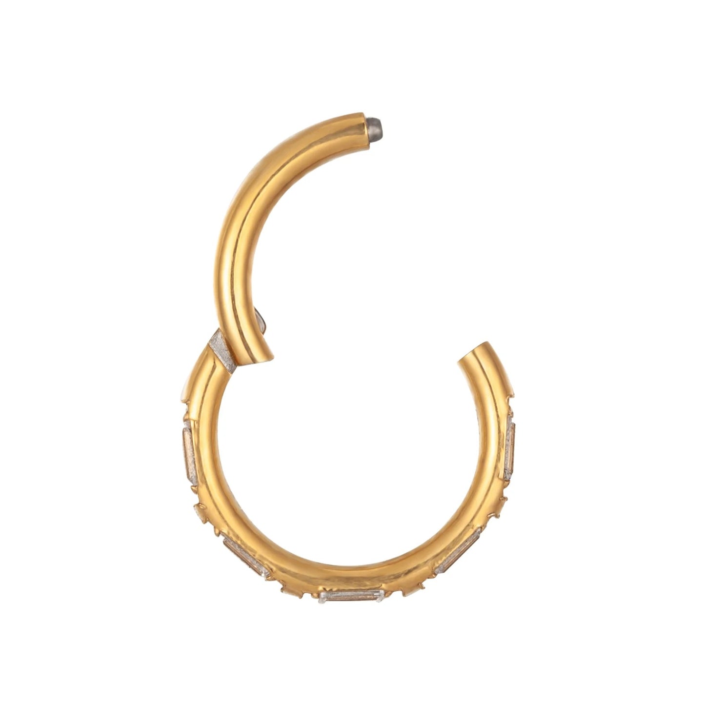 Gouden piercing clicker met schitterende stenen.