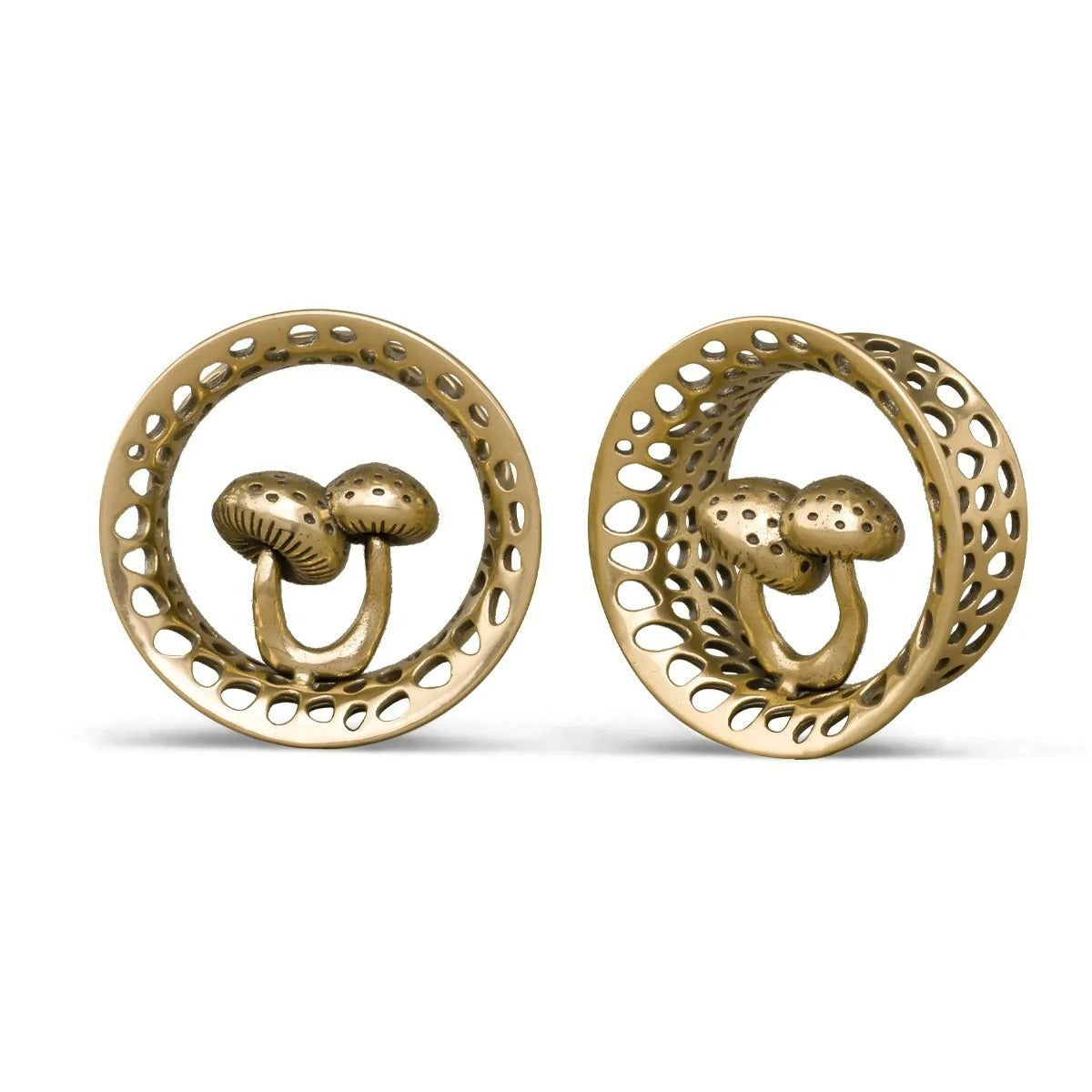 Magische paddenstoelen oorpluggen in gouden afwerking.