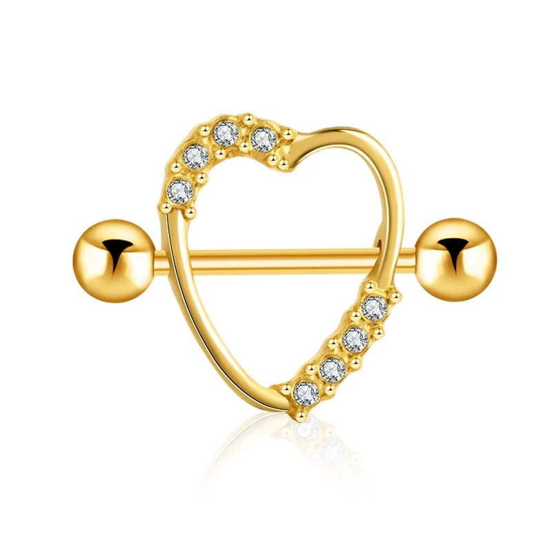 Tepelpiercing hart ingelegd met zirkonia's in goud.