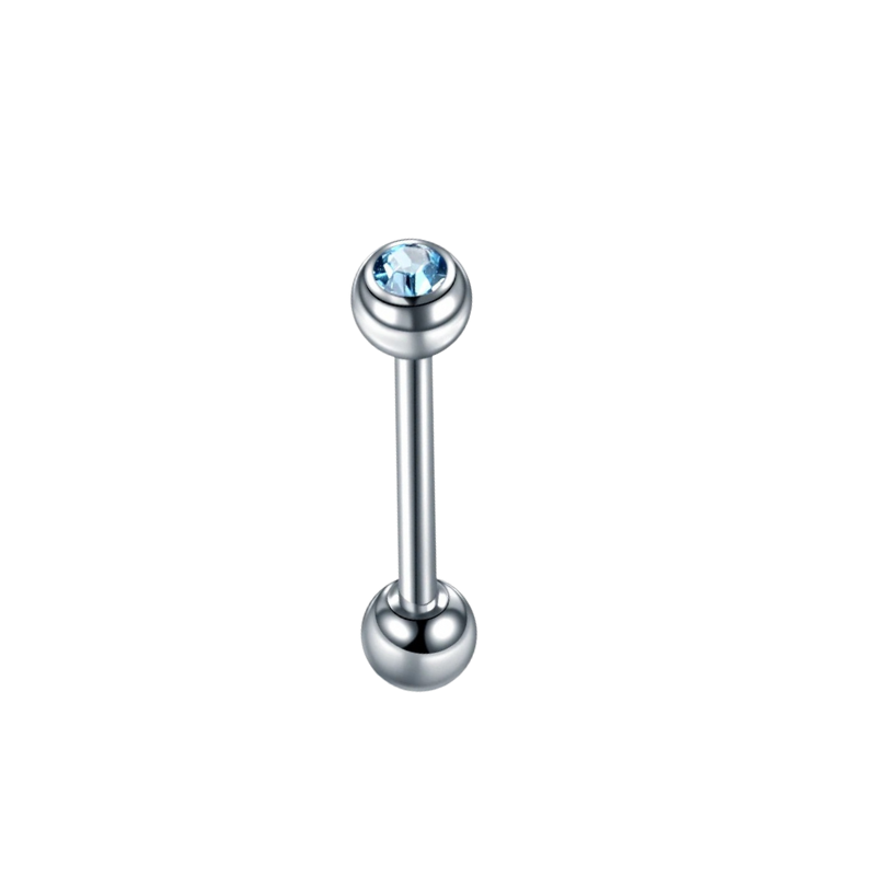 Tongpiercing van titanium met edelsteen, subtiele schittering in blauw