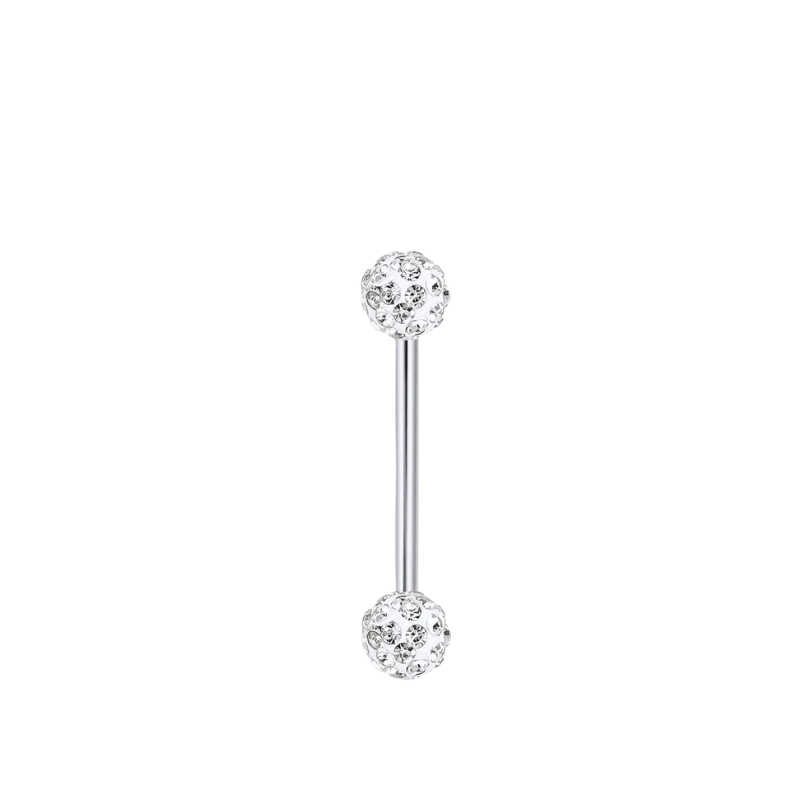 Tongpiercing met meerdere zilverkleurige zirkonia's