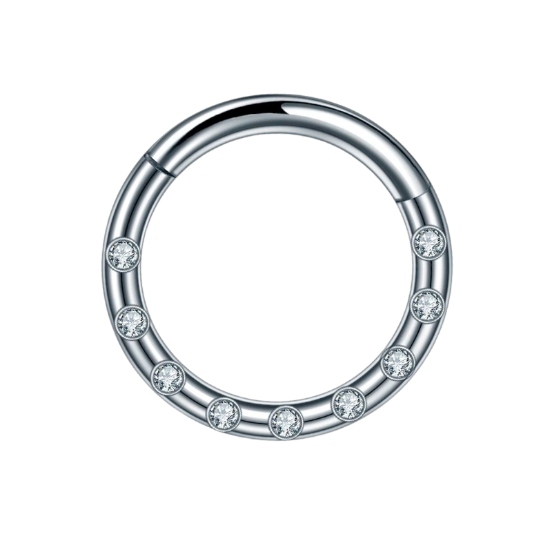 Neuspiercing van titanium met zirkonia's, elegantie en fijnheid.