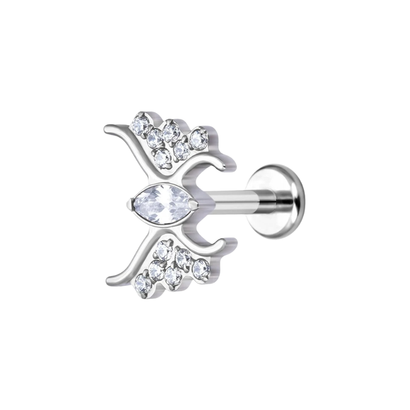 Gotische oorbel piercing stud in titanium met centrale zirkonia, mysterieuze elegantie.