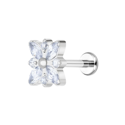 Titanium oorstekker met gotische bloem en zirkonia's, duistere charme.
