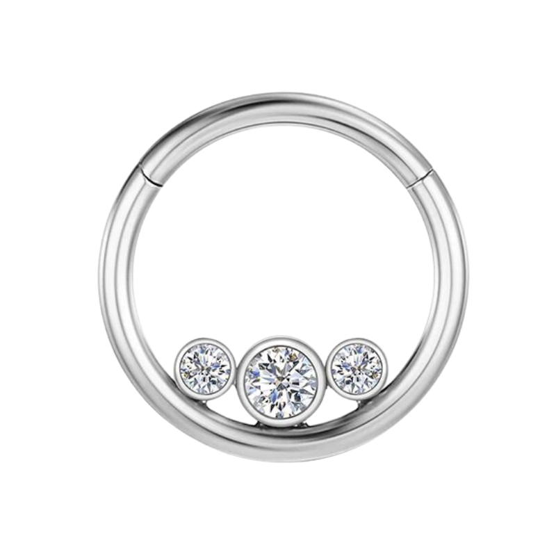 Neusring van titanium met zirkonia's, elegantie en discretie.