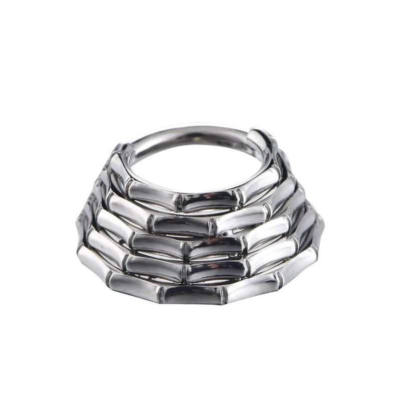 Neussieraad van titanium, septum met vijf ringen, voor een unieke stijl.