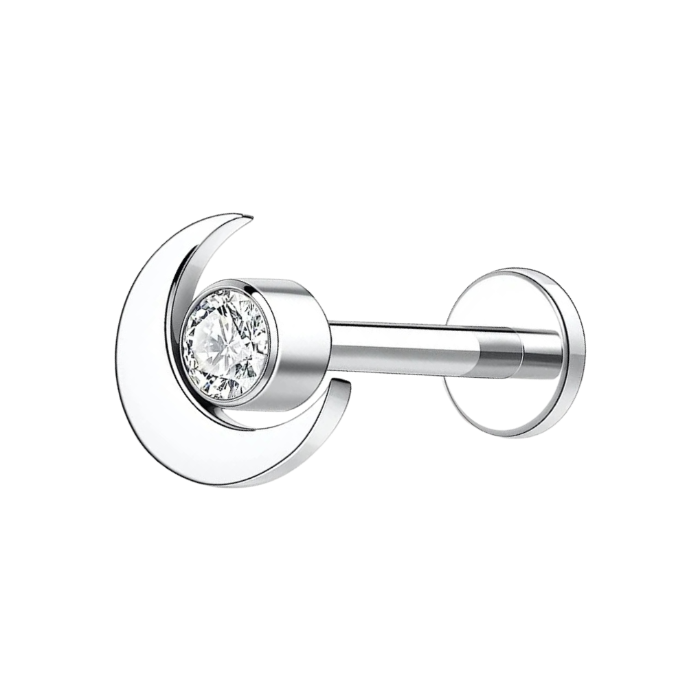 Oorbel stud in de vorm van een maan in titanium, discreet en betoverend.