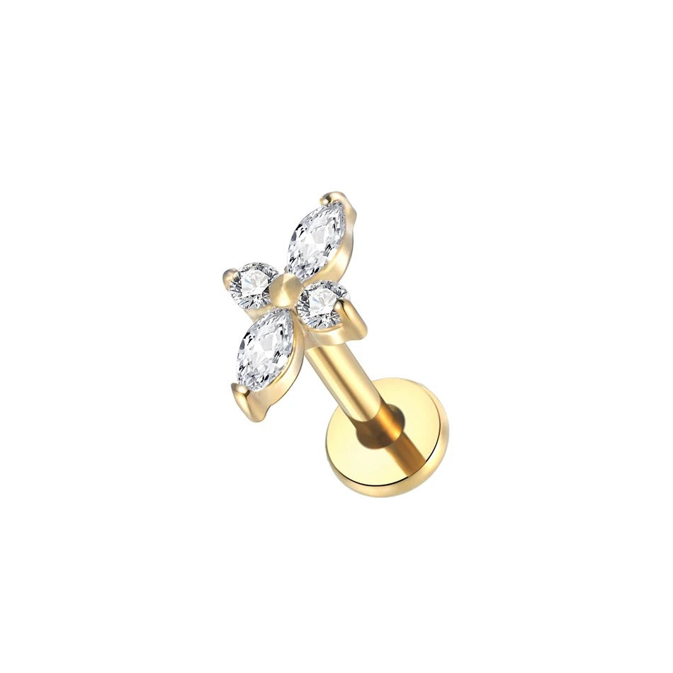 Oorpiercing van titanium met zirkonia's, in goud- of zilverafwerking, voor een elegante bloemenpracht