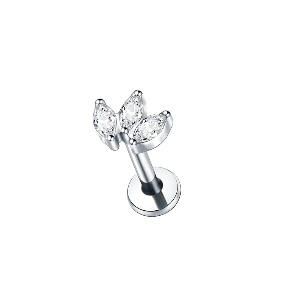 Oorstekker piercing met zirkonia's in bladvorm, natuurlijke glans