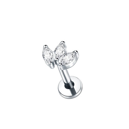 Oorstekker piercing met zirkonia's in bladvorm, natuurlijke glans