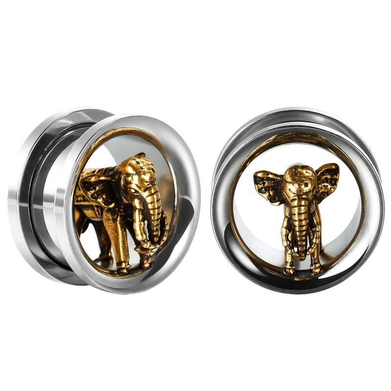 Zilveren oortunnel met een elegant bronzen olifantenontwerp.